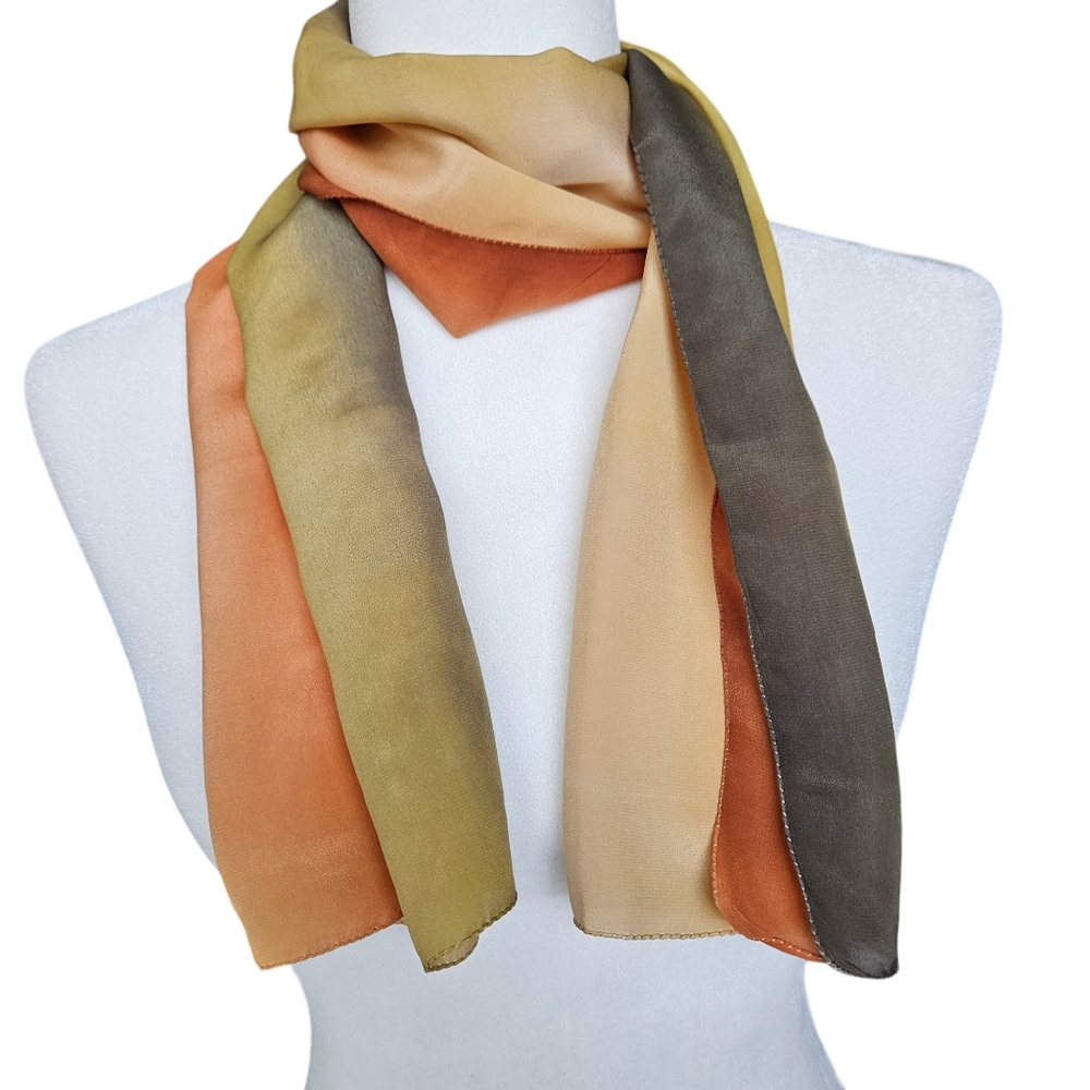 Long skinny silk scarf scarfty shawl hand dyed green orange yellow 11.7" X 50"